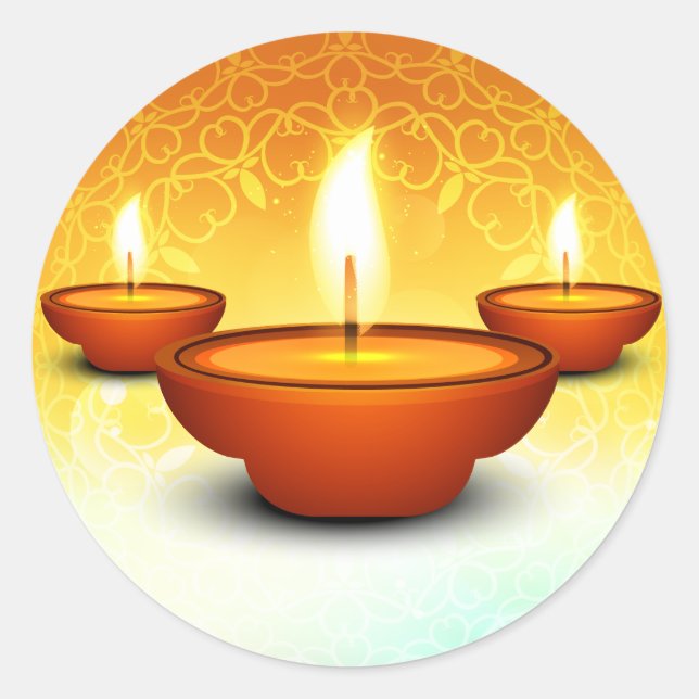 Sticker Rond Joyeux Diwali lampes à huile vert doré (Devant)