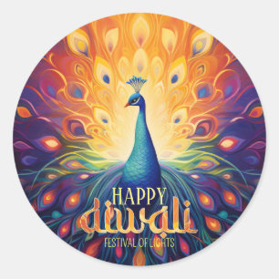 Sticker Rond Joyeux Diwali Vibrant Peacock Festival des lumière