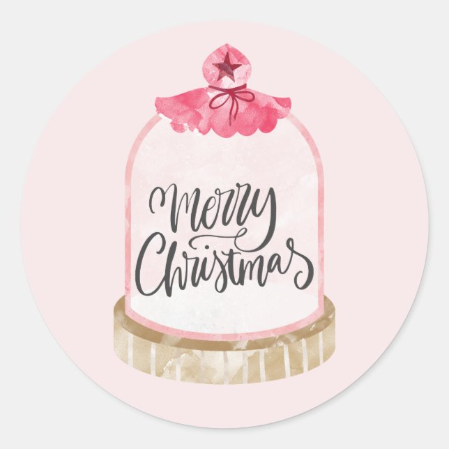 Sticker Rond Joyeux Dôme en verre rose Noël (Devant)