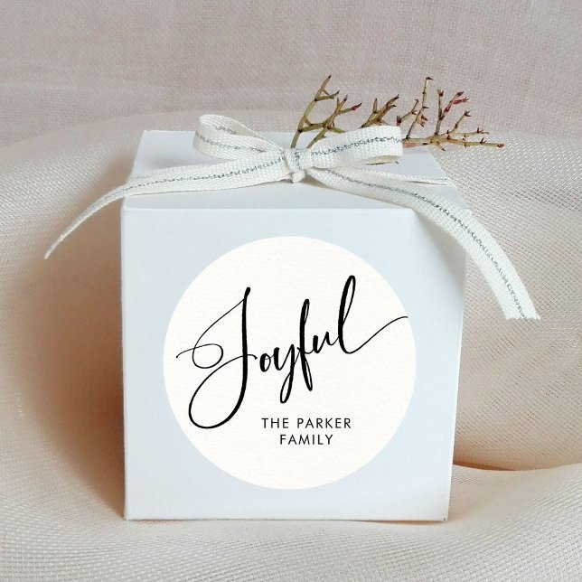 Sticker Rond Joyeux | Élégant Script Noir et Blanc Noël (Christmas stickers with elegant calligraphy that says "joyful")