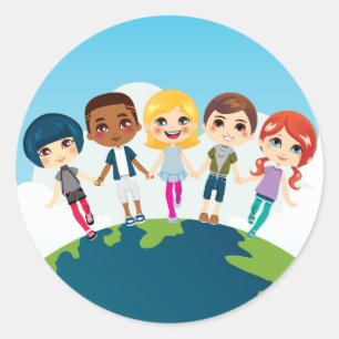 Sticker Rond Joyeux Enfants multi-ethniques