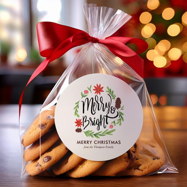 Sticker Rond "Joyeux et brillant" Festive Main peinte Wreath (Créateur téléchargé)