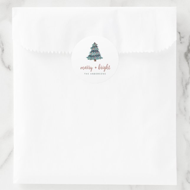 Sticker Rond Joyeux et lumineux | Arbre de Noël Boho (Sac)