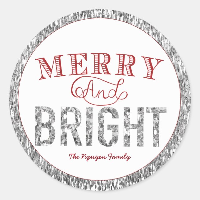 Sticker Rond Joyeux et lumineux, Parties scintillant d'argent e (Devant)