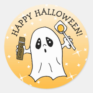 Sticker Rond Joyeux Fantôme d'Halloween avec barre de bonbons