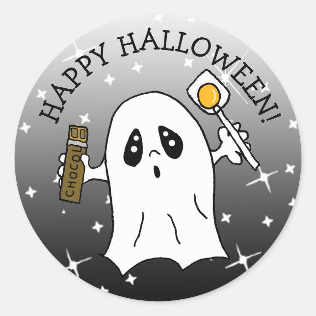 Sticker Rond Joyeux Fantôme d'Halloween avec bonbon (Devant)