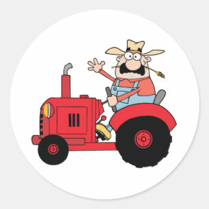Sticker Rond Joyeux Fermier En Tracteur Rouge En Salutation