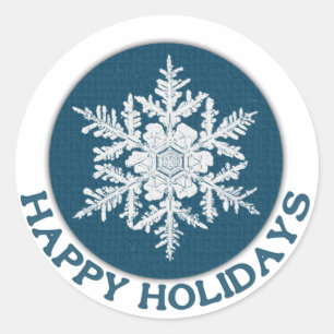 Sticker Rond Joyeux Fêtes Papier Bleu Flocon de neige