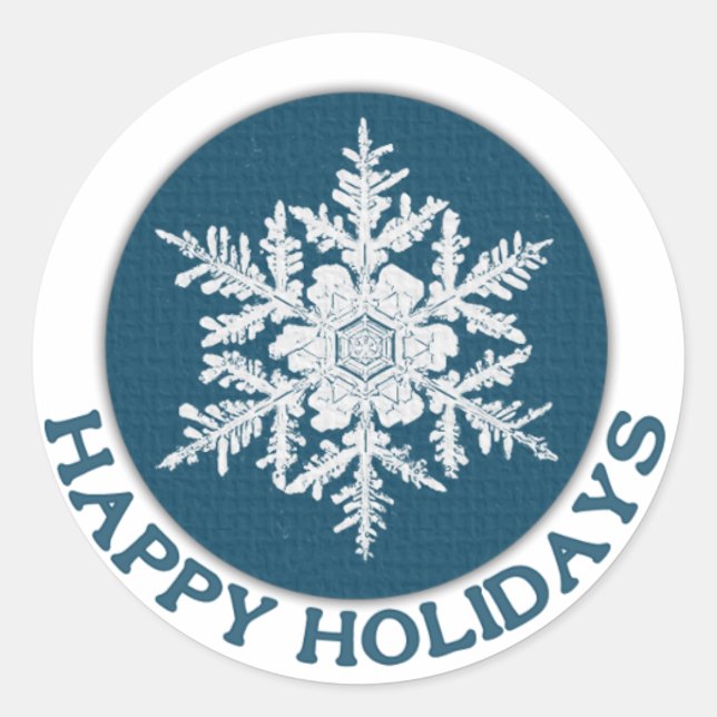 Sticker Rond Joyeux Fêtes Papier Bleu Flocon de neige (Devant)