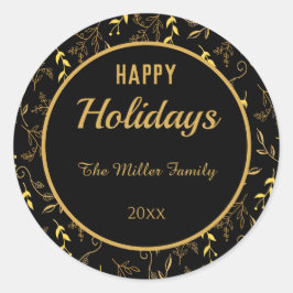 Sticker Rond Joyeux Feuilles d'or des fêtes en noir