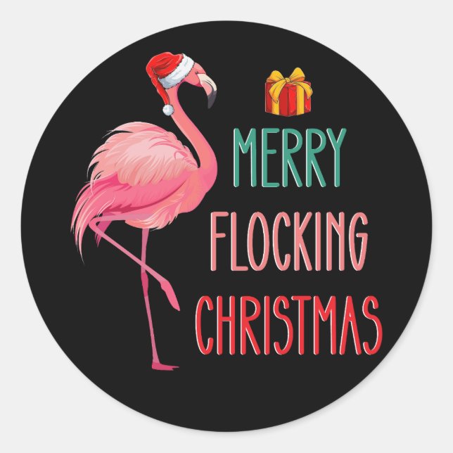 Sticker Rond Joyeux flocage Noël Funny Flamant rose Vacances (Devant)