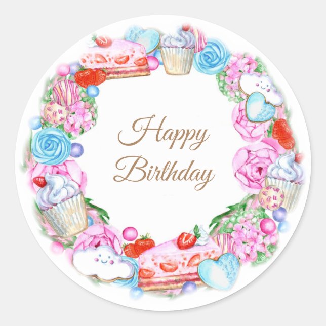 Sticker Rond Joyeux gâteaux d'anniversaire et bonbons (Devant)