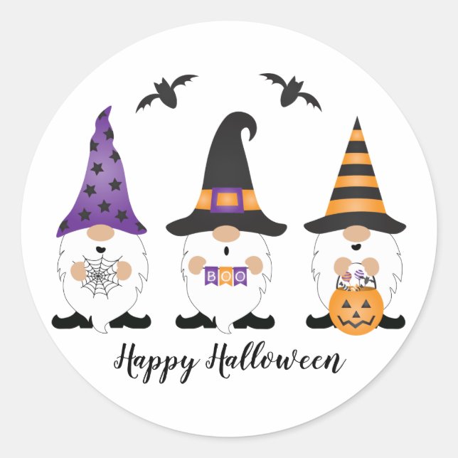 Sticker Rond Joyeux Gnomes d'Halloween violet orange (Devant)