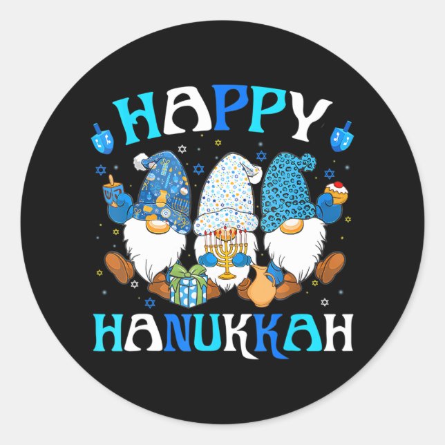 Sticker Rond Joyeux groupe de famille juive Hanoukka Gnomes (Devant)