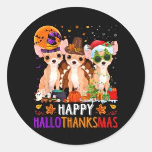 Sticker Rond Joyeux Hallothanksmas Chihuahua Chien Halloween