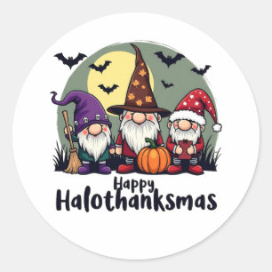Sticker Rond Joyeux Hallothanksmas Noël Gnomes d'Halloween