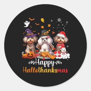 Sticker Rond Joyeux Hallothanksmas Poodle Dog Halloween Christm
