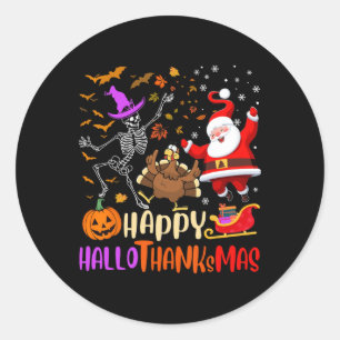 Sticker Rond Joyeux Hallothanksmas Squelette Citrouille Turquie