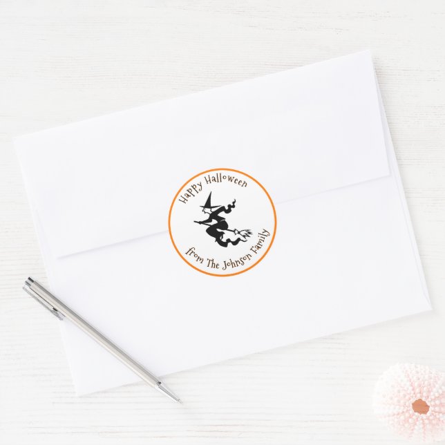 Sticker Rond Joyeux Halloween Black Flying Witch Nom personnali (Enveloppe)