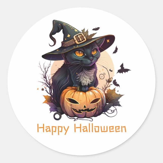 Sticker Rond Joyeux Halloween Chat noir Jack-o-Lantern (Devant)