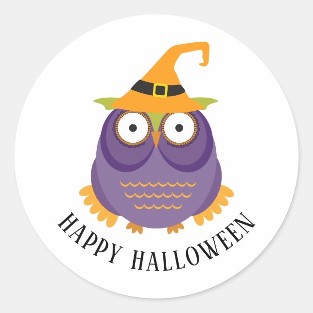 Sticker Rond Joyeux Halloween. Chouette stylisée. Trick ou réga (Devant)