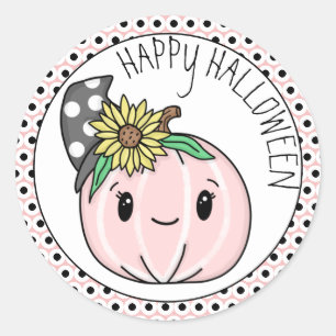 Sticker Rond Joyeux Halloween Citrouille rose et Pois