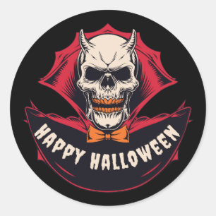 Sticker Rond Joyeux Halloween Crâne Noir Squelette Épouvantable