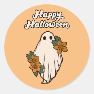 Sticker Rond Joyeux Halloween Gentil Fantôme avec des Fleurs