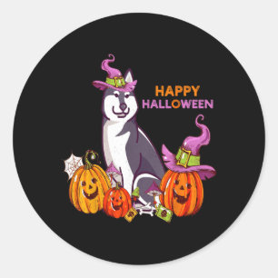 Sticker Rond Joyeux Halloween Husky sibérien Drôle Mignon