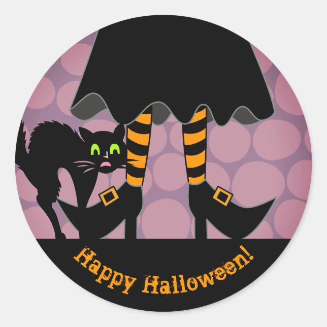 Sticker Rond Joyeux Halloween Jambes de sorcière Chat noir viol (Devant)