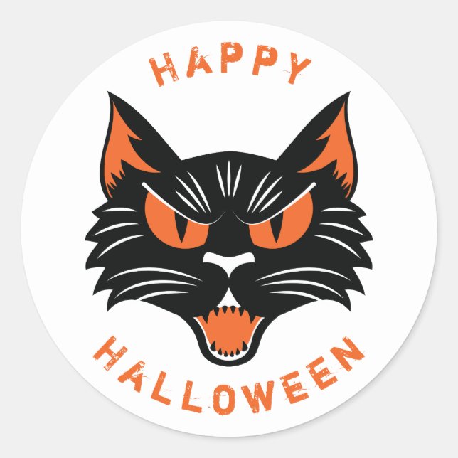Sticker Rond Joyeux Halloween Scary Black Cat Face (Devant)