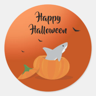 Sticker Rond Joyeux Halloween Shark Citrouille Bats Orange