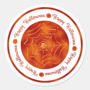 Sticker Rond Joyeux Halloween Toile d'Araignée Orange Brille Fê