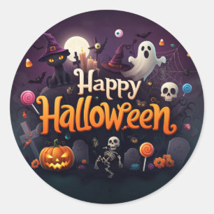 Sticker Rond Joyeux Halloween tous les éléments