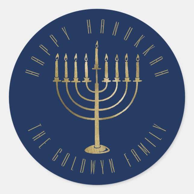 Sticker Rond Joyeux Hanoukka 'Blue Gold Menorah Holiday (Devant)