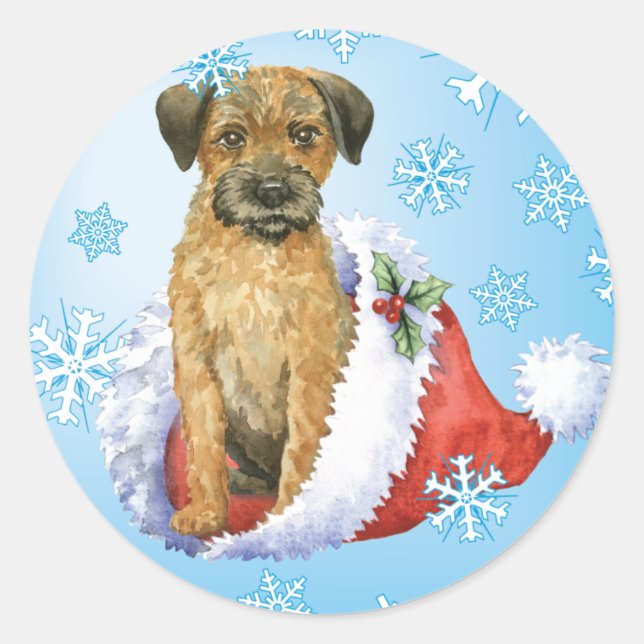 Sticker Rond Joyeux Howliday Border Terrier (Devant)