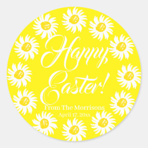 Sticker Rond Joyeux Jaune pâques marguerite personnalisé scri