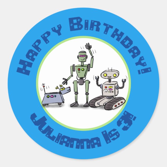 Sticker Rond Joyeux joli dessin de trois robots trio (Devant)
