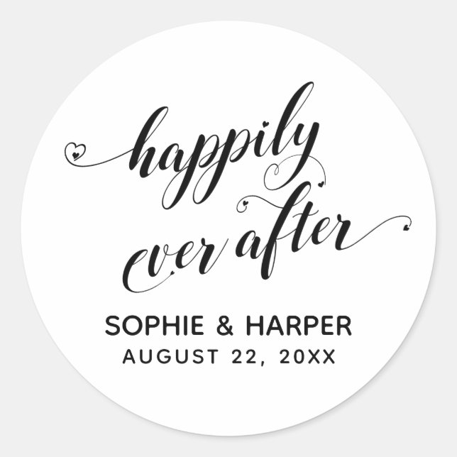 Sticker Rond Joyeux Jour Après Coeur Script Noir & Blanc (Devant)