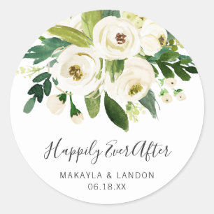 Sticker Rond Joyeux Jour après un Mariage Floral blanc élégant
