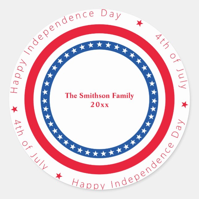 Sticker Rond Joyeux Jour de l'Indépendance Rouge Blanc Bleu (Devant)