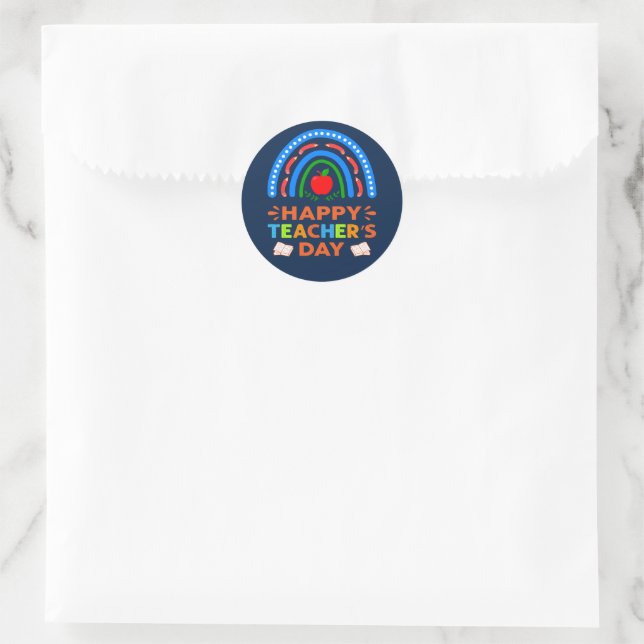 Sticker Rond Joyeux Jour des enseignants Arc en ciel et Apple (Sac)