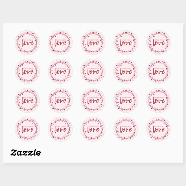 Sticker Rond joyeux jour des valentines, rose et rouge, coeurs  (Feuille)