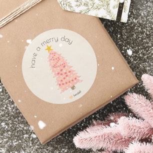 Sticker Rond Joyeux Jour Personnalisé Nom Pink Christmas Tree