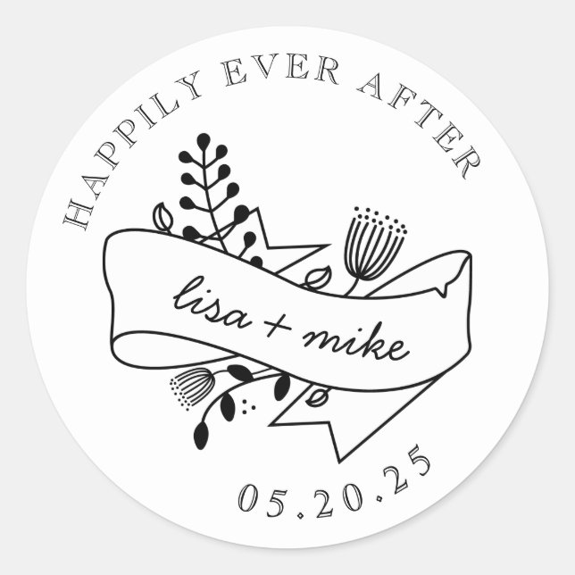 Sticker Rond Joyeux Joyeux Fleur De Main Après Mariage (Devant)