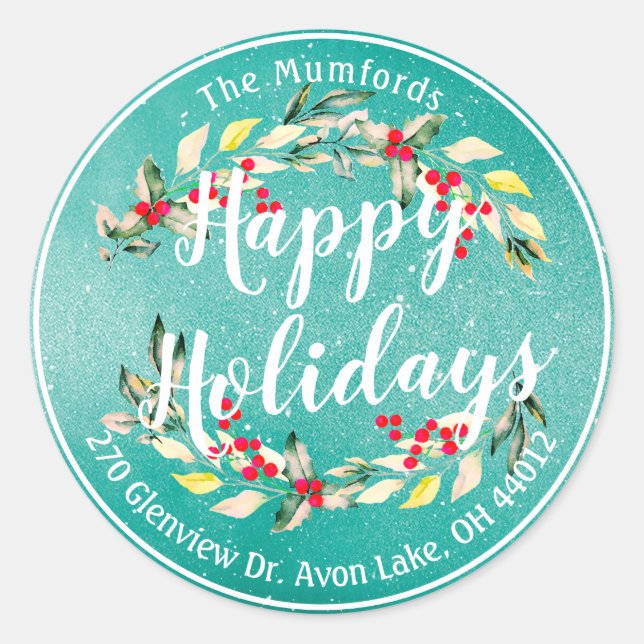 Sticker Rond Joyeux Joyeux Noël Holly Floral Adresse (Devant)