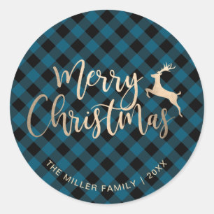 Sticker Rond Joyeux Joyeux Noël Or Noir & Bleu Plaid