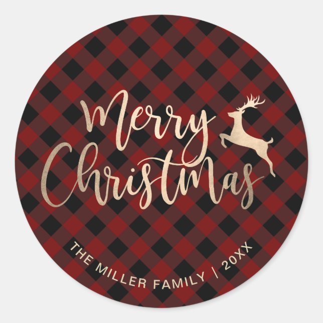 Sticker Rond Joyeux Joyeux Noël Or Noir & Rouge Plaid (Devant)