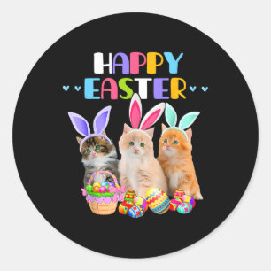 Sticker Rond Joyeux lapin de Pâques Chat Œufs Panier Hommes Fem