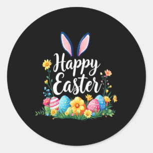 Sticker Rond Joyeux Lapin De Pâques Et Chasse Aux Oeufs Mignonn